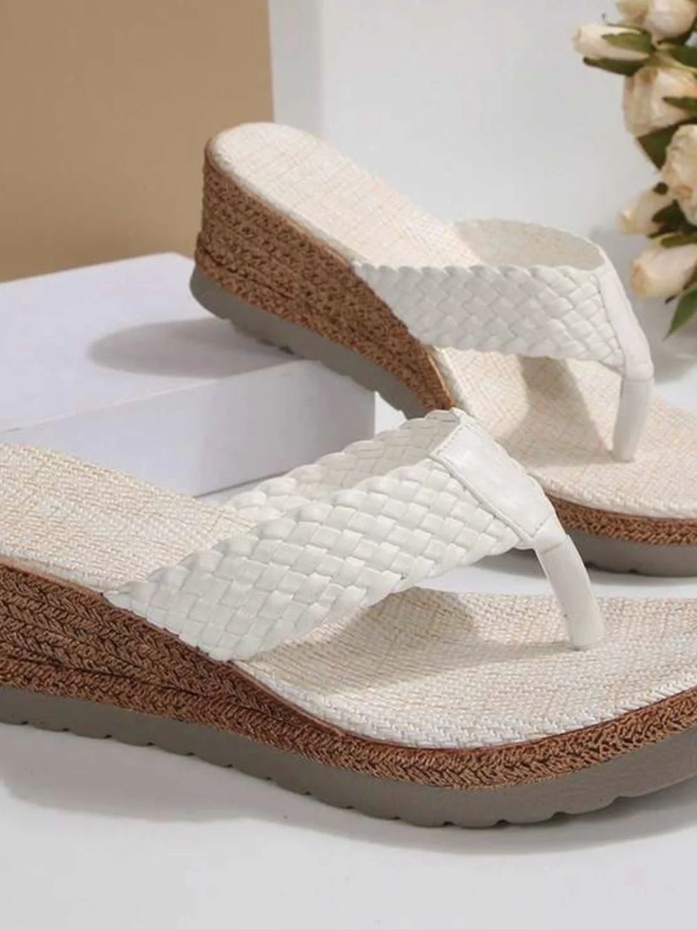SHEIN White Braided Wedge Thong Sandals